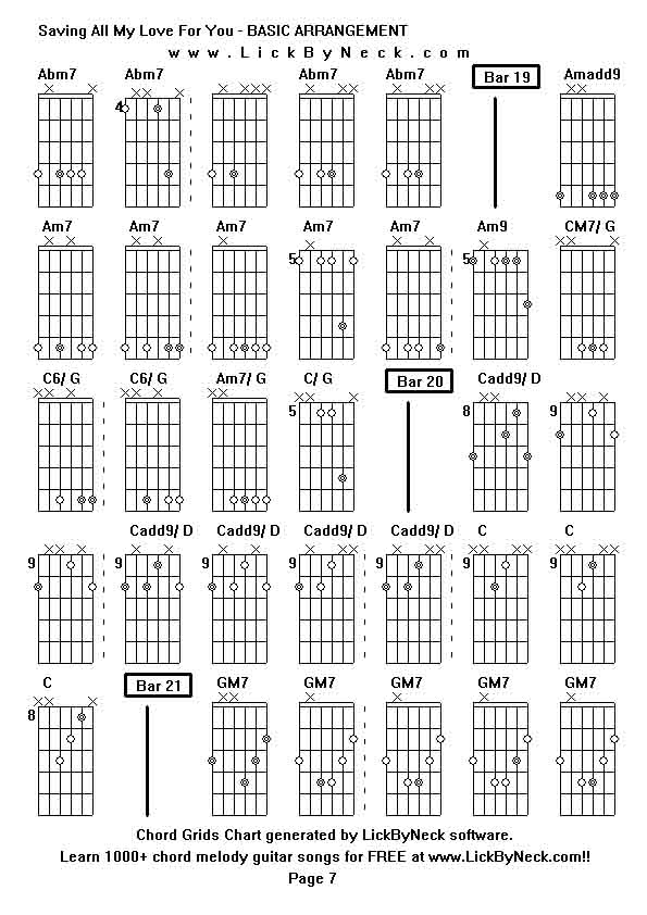 Chord Grids Chart of chord melody fingerstyle guitar song-Saving All My Love For You - BASIC ARRANGEMENT,generated by LickByNeck software.